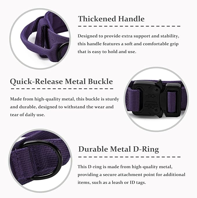 Tactical Dog Collar, Adjustable Military Training Nylon Dog Collar with Control Handle and Heavy Quick-Release Metal Buckle for Small Medium Large Dogs, Purple XXL