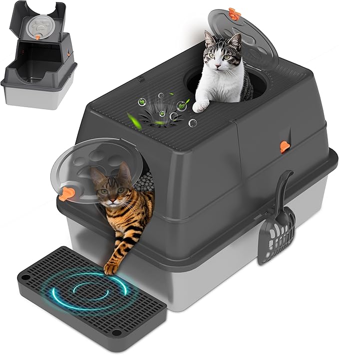 Stainless Steel Litter Box with Lid, XL Extra Large Cat Litter Box Enclosure, Front & Top Entry Covered Metal Cat Box with Steps & Scoop, Easy Cleaning