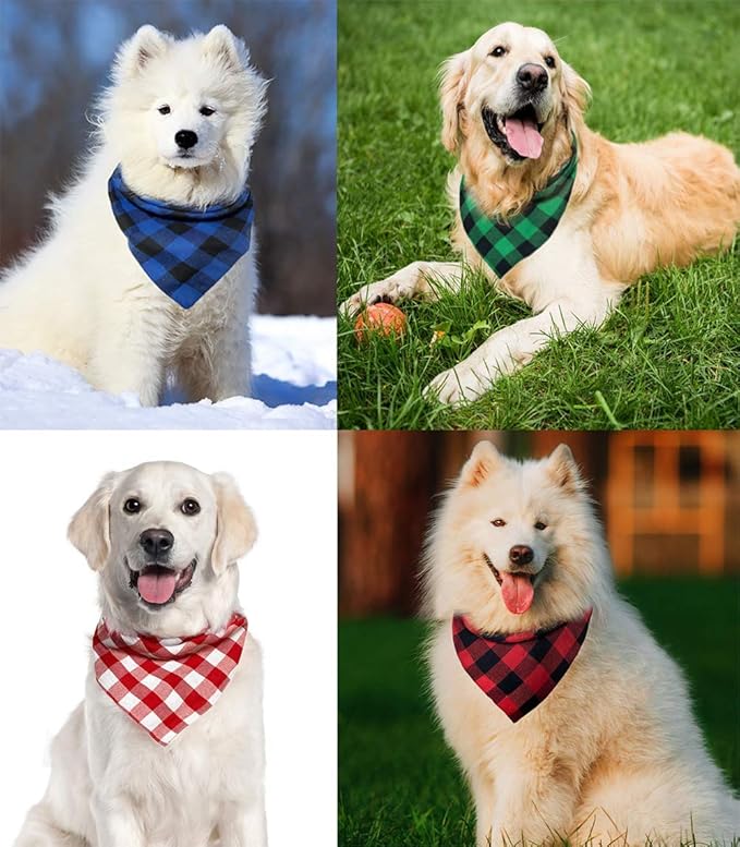 Christmas Plaid Bandana with Button, Fall Soft Cotton Triangle Dog Scarf Kerchief - Adjustable, Washable, Dual Layer for Small to Extra Large Dogs, Boys & Girls