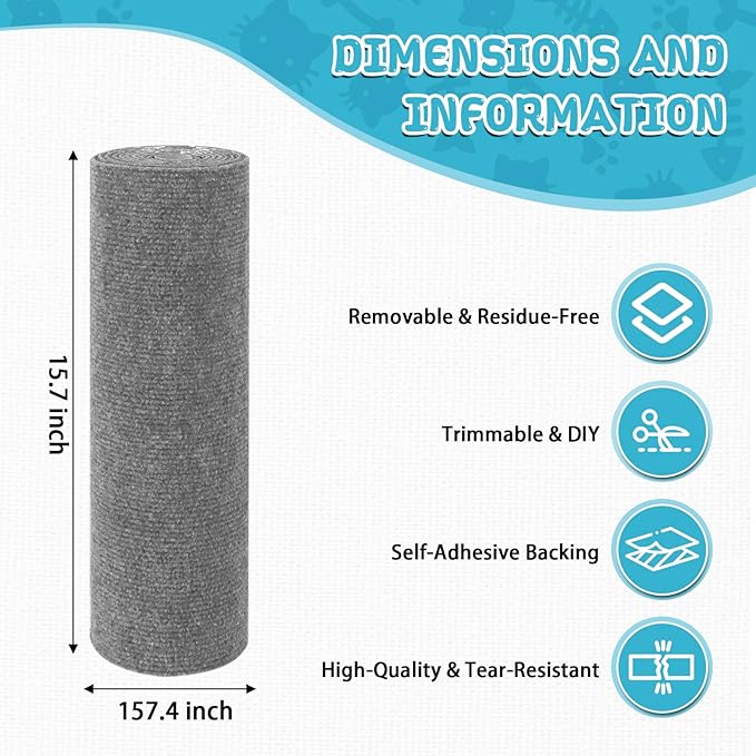 Climbing Cat Scratcher Mat Trimmable Cat Scratching Post Carpet 157.4’’x15.8’’ Self Adhesive Carpet Mat Pad Replacement for Cat Tree Shelves Post Couch Wall Furniture Steps DIY Protector (Light Gray)