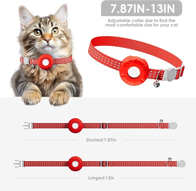 GPS Tracker for Cats, Cat Tracker Collar with Safety Elastic Buckle, Compatible with Apple Find My App (Only iOS), No Monthly Fee, Waterproof (White Tracker, Red Cat Collar)