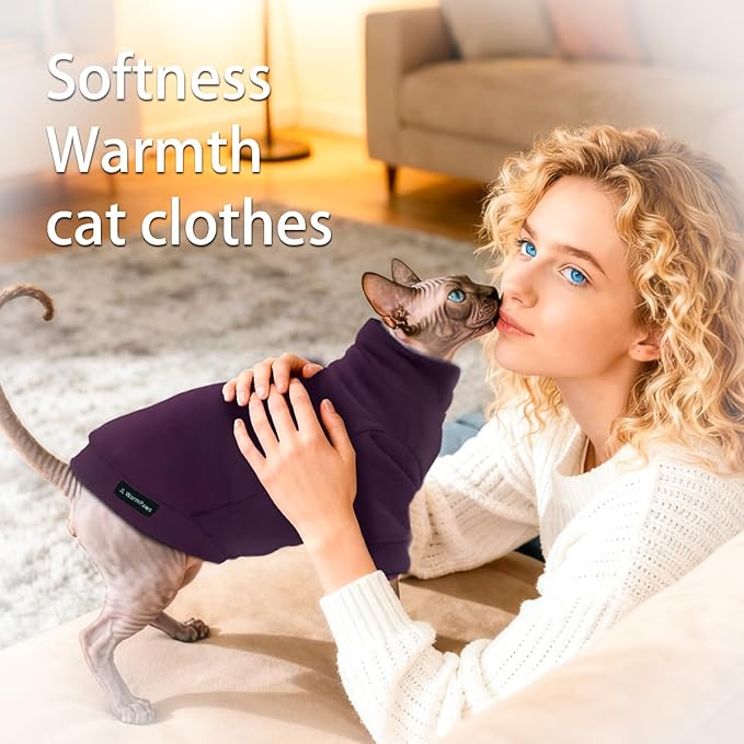 Fleece Sphynx Cat Clothes Soft Hairless Cat Clothes Pullover Cat Sweater for Chihuahua All Season Light and Warm Kitten Cloth Only Puppy Clothes Small Dog Sweater (Dark Purple, XL)