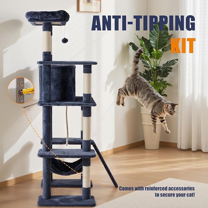 Sweetcrispy 63 inch Cat Tree Tower, Large Multi Level Cat Climbing Tower with Condo, Natural Sisal Scratching Posts, Extended Platform, Hammock, Pet House for Indoor Cats and Kittens Play, Dark Blue