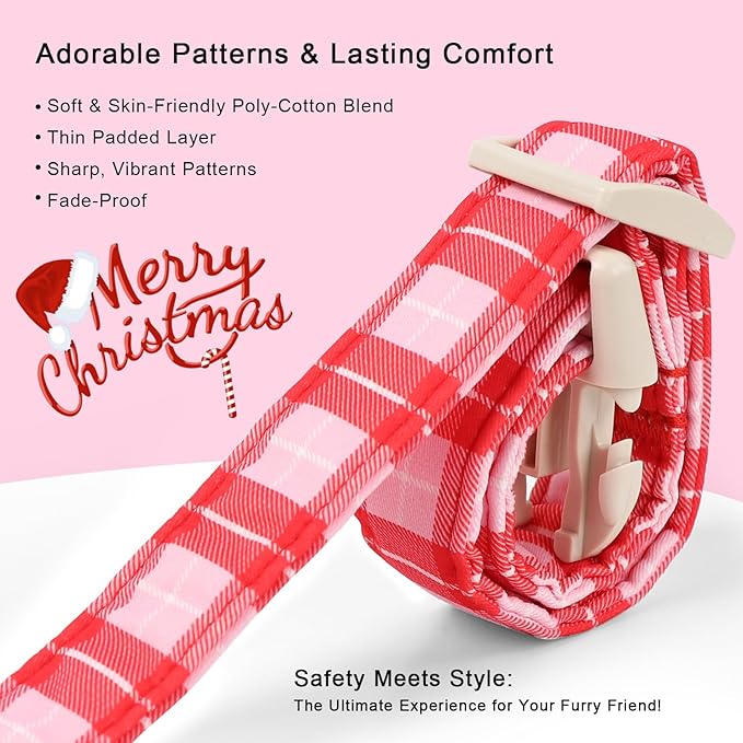 Plaid Dog Collar - Cute Red and Pink Plaid Puppy Collar with Safety Buckle, Soft Adjustable Holiday Dog Collars for Small Medium Large Dogs XS