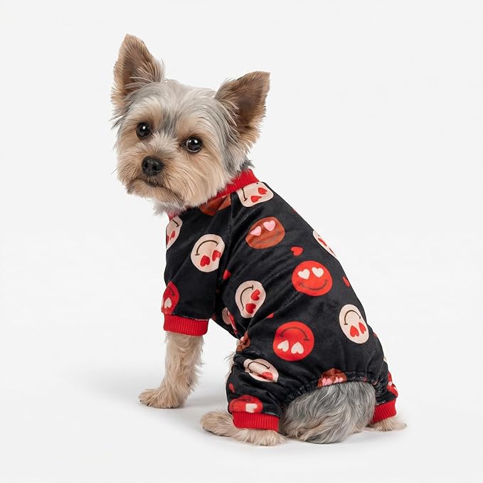Fitwarm Hearts Eyes Smily Face Dog Pajamas, Cozy Valentines Outfit for Small Dogs Boy Girl, Festive Pet Clothes, Black, Red, XL
