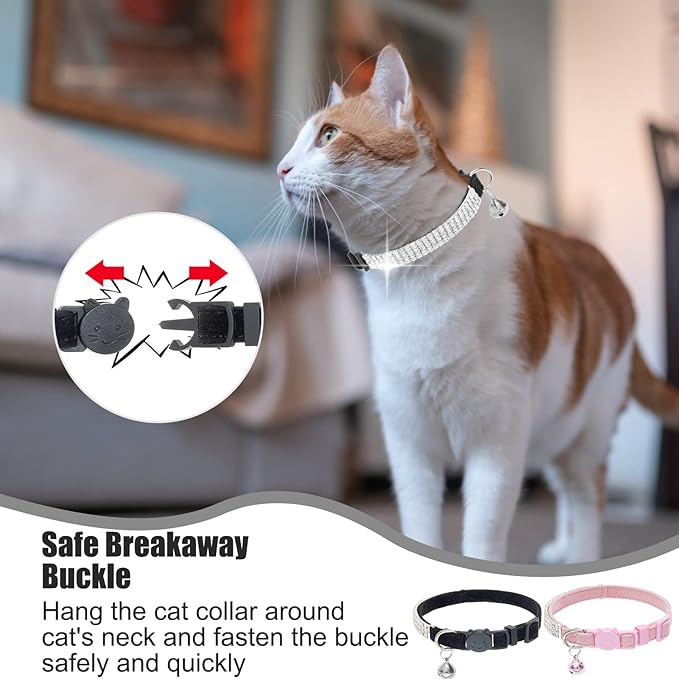 EXPAWLORER Soft Velvet Safe Cat Collars for Girl Cats -2 Pack Rhinestones Bling Diamante Adjustable Collars Breakaway- Chirstmas Cat Clollar Gifts with Bells for Boy Cats Kitty and Small Dogs