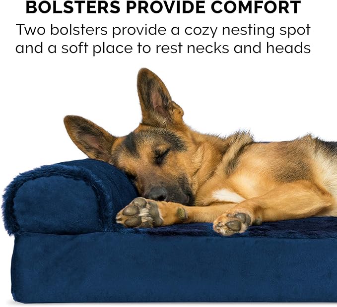 Furhaven Orthopedic Dog Bed for Large Dogs w/ Removable Bolsters & Washable Cover, For Dogs Up to 95 lbs - Plush & Velvet L Shaped Chaise - Deep Sapphire, Jumbo/XL