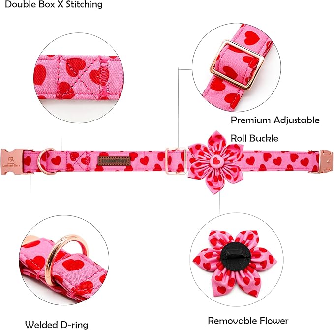 Lionheart glory Valentine's Day Dog Collar with Flower Dog Collar for X-Small Dogs, Soft Adjustable Hearts Dogs Collars Spring Pet Collars Flower Puppy