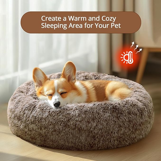 JOLLYVOGUE Calming Dog Bed Large Size Dog, Anti-Anxiety Donut Large Pet Bed, 36 inches Fluffy Faux Fur Round Cat Bed, Fits up to 75 lbs Pets (Smoke Brown)