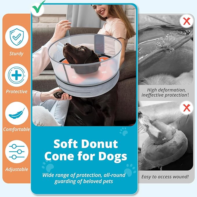 Inflatable Dog Cone with Transparent Shield, Protective Dog Donut Collar After Surgery to Stop Licking, Soft Donut Cone for Medium Plus Pets, Adjustable Recovery Collar with Buckle Visibility