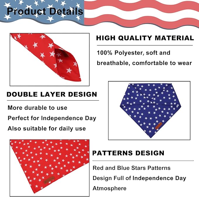 ADOGGYGO Star Dog Bandana 2 Pack, Reversible Red Blue Patriotic Pet Scarf Bib, Adjustable Fit 4th of July Star Bandanas for Extra Large Dogs Pets (X-Large)