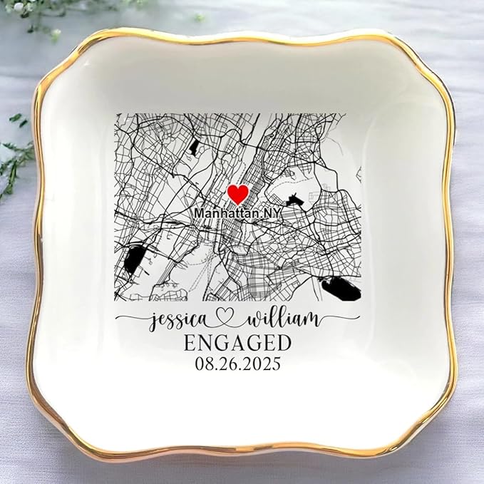 Custom Location Map Engaged Ring Dish Engagement Gift, Jewelry Tray Gifts for Newly Engaged Couple, Ring Holder Dish Wedding Anniversary, Trinket Dish for Her Bride Wife