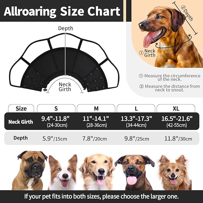 Allroaring Dog Cone Alternative, Soft Dog Cones for Large Dogs, Adjustable Doggie Recovery Cone Collar Comfy Pet Elizabethan Collars to Stop Licking for Wound Healing Care Spay Neuter, Black L