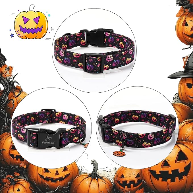 Halloween Dog Collar Spooky Fun Pumpkin Puppy Collar - Light Comfortable Adjustable Pet Collars for Small Medium Large Girl Boy Dogs XS
