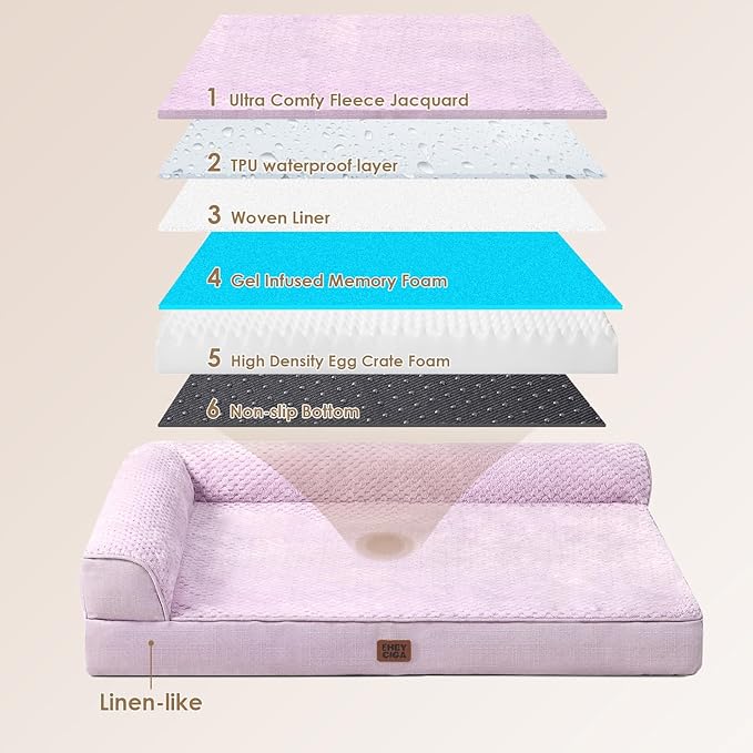 EHEYCIGA XXL Dog Bed Memory Foam, Orthopedic Giant Dog Bed Jumbo with Washable Removable Cover, Waterproof Pet Sofa Couch with Nonskid Bottom, 48x35x7.5, Lilac