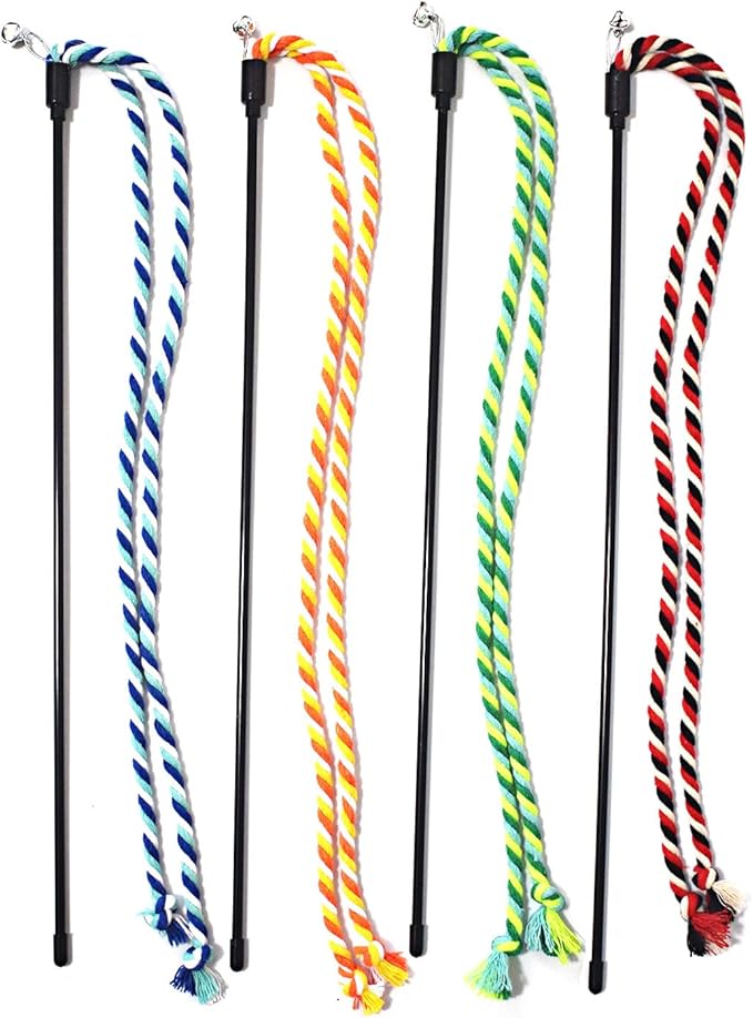 IUHKBH Cat Wands, 4 PCS Colorful Rope Cat Toys Flexible Teaser Wands Interactive Kitten String Wands, Safe Kitty Toys for Indoor