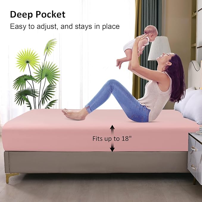 Waterproof Mattress Protector Full, Fitted Sheet Style Breathable Mattress Cover with Deep Pocket Fits Up to 18'', Noiseless Bed Cover for Kids Adults Pets, Machine Washable(Pink, 54'' X 76'')