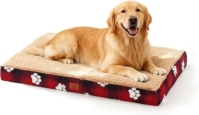 Waterproof Orthopedic Dog Bed for Large Medium Sized Dogs 35x22 Inch - Egg Crate Foam Pet Crate Bed with Removable Washable Cover, Plush Top Anti-Slip Bed Mat, Christmas Red