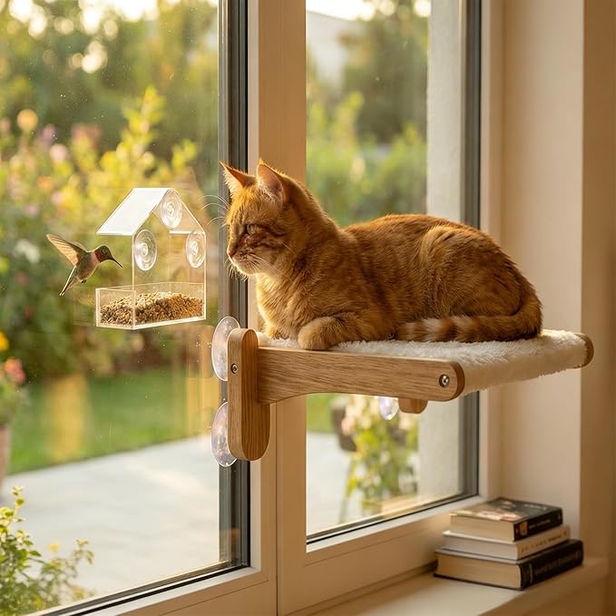 2-in-1 Cat Window Perch & Hummingbird Feeder, Heavy Duty Foldable Cat Hammock with 4 Super Strong Suction Cups, Plush Cats Bed for Bird Watching – Indoor Pet Window Seat & Unique Gift for Cats Lovers