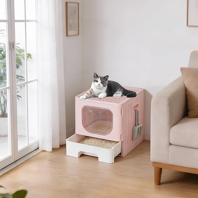 OLIXIS Cat Litter Box with Lid, Large Foldable Cat Box with Litter Scoop, Front Entry Top Exit Kitty Litter Box with Door, Easy Cleaning Drawer Design Odor Control, Pink