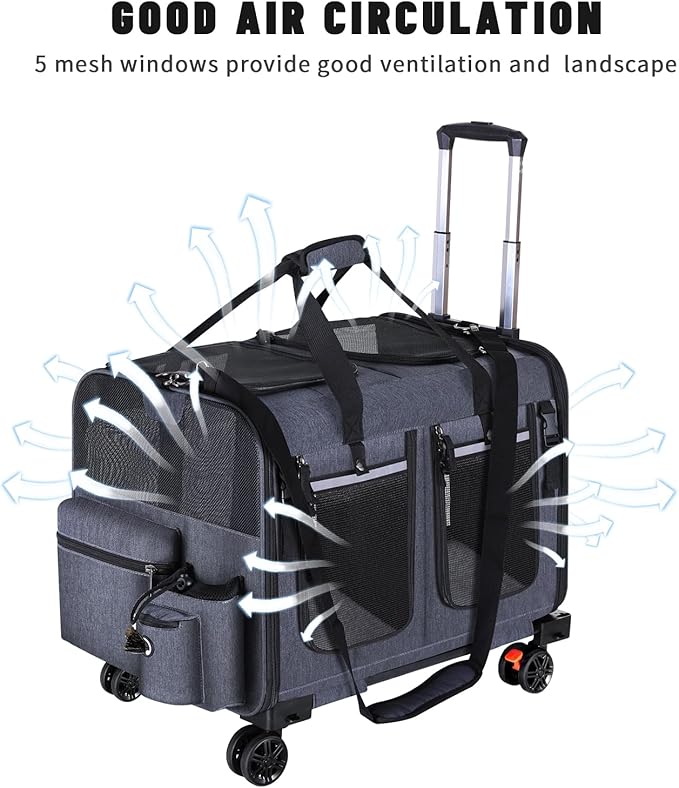 Cat Carrier for 2 Cats,Cat Carrier with Wheels for Cats and Dogs, Foldable Double Pet Carrier, Rolling Dog Carrier with Detachable Wheels and Telescopic Handle,2 Front Zippered Compartments Gray