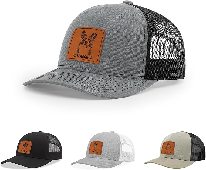Custom Dog Photo Engraved Trucker Hat Leather Patch, Personalized Hat with Photo, Custom Cap Gift for Dog Dad, Pet Lover on Birthday, Father's Day