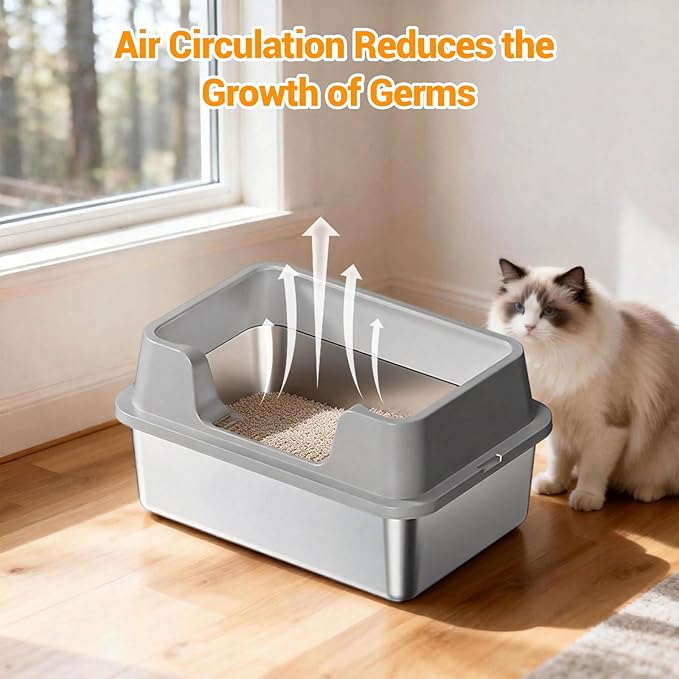 Stainless Steel Litter Box, XL Enclosed Cat Litter Boxes with Lid for Big Cats and Multi-Cats, High Sided, Anti-Urine Leakage Non-Stick Bottom Include Scoop Easy to Clean