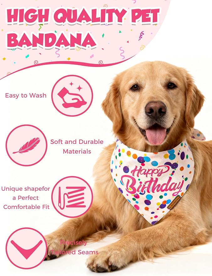 Luxury Double-Layer Dog Birthday Bandana – Handmade, Silk-Soft Polyester for All Dog Sizes | Birthday & Party Outfit | Gift-Ready Pet Accessory(Happy Birthday, Medium)