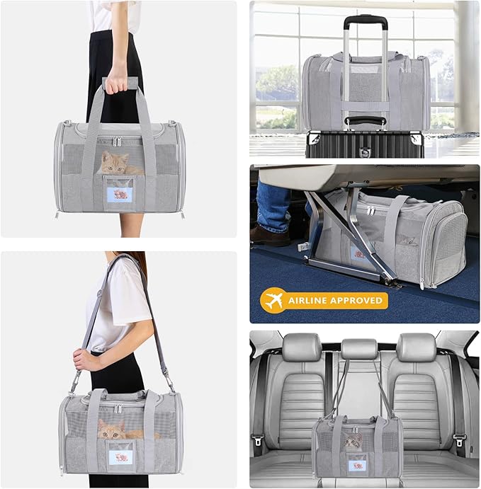 Cat Carrier Pet Dog Carrier Airline Approved for Puppy Kitten Carriers Under 15lb, Collapsible Soft Sided TSA Approved Travel Carrier-Grey