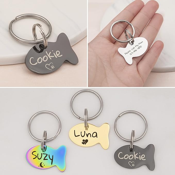 Anavia Small Size Dog Cat ID Tags, Small/XS Personalized Color Plated Stainless Steel Puppy Kitten Name Tags, Customized Engraved Nameplate Pet Collar Tag (Blue, Fish)