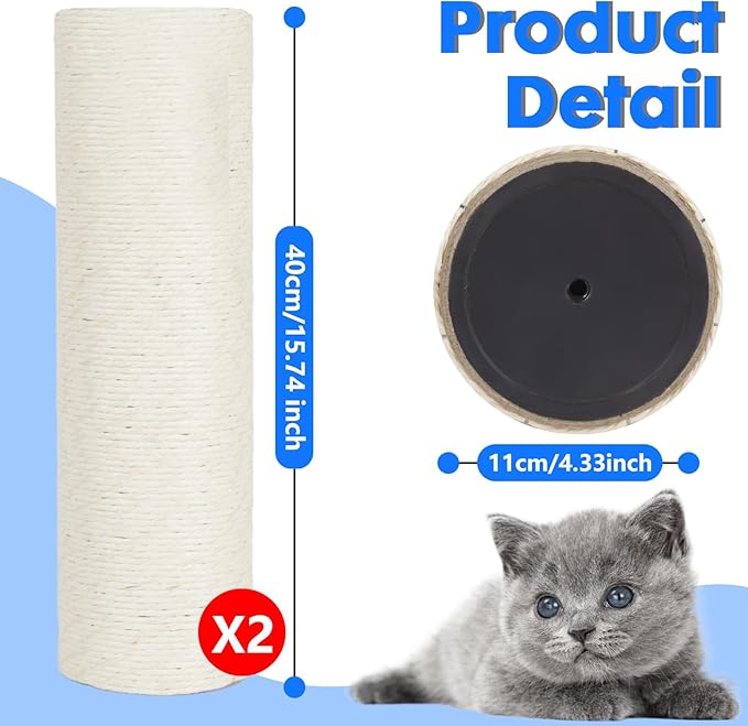 PowerKing Thick Natural Sisal Replacement Scratching Post,15.7" Length, 4.5" Thick, 2Pcs M8 Cat Scratch Post Refill Poles, Ideal for Refurbishment, Includes Screws, White