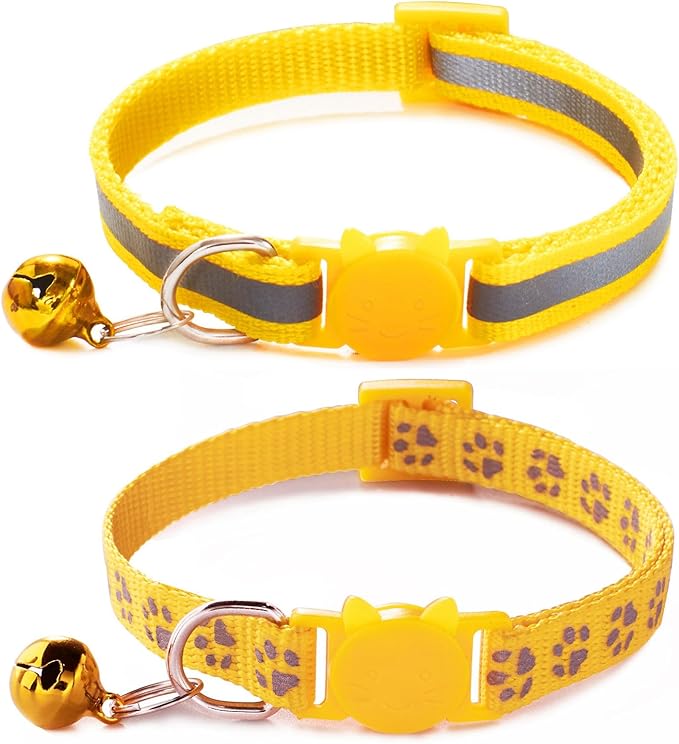 Yellow Cat Collar Breakaway, [2 Pack] Break Away Kitten Collar with Bells, Reflective Cat Collar for Boy Cats Kitty