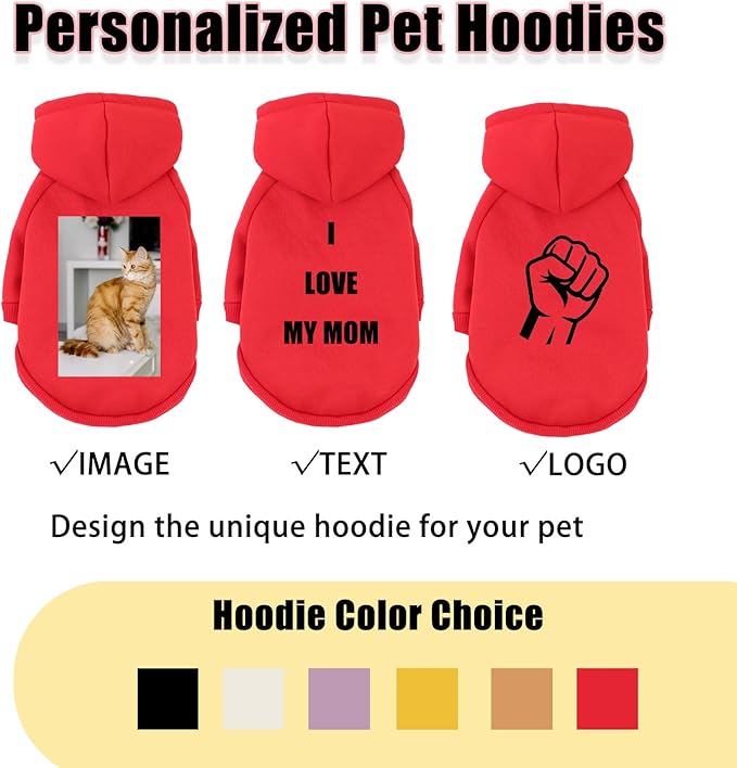 Custom Dog Hoodie, Personalized Sweatshirt with Photo Text Name Logo, Customized Hooded Sweater for Small Medium Large Dogs & Cats (Red, Small)