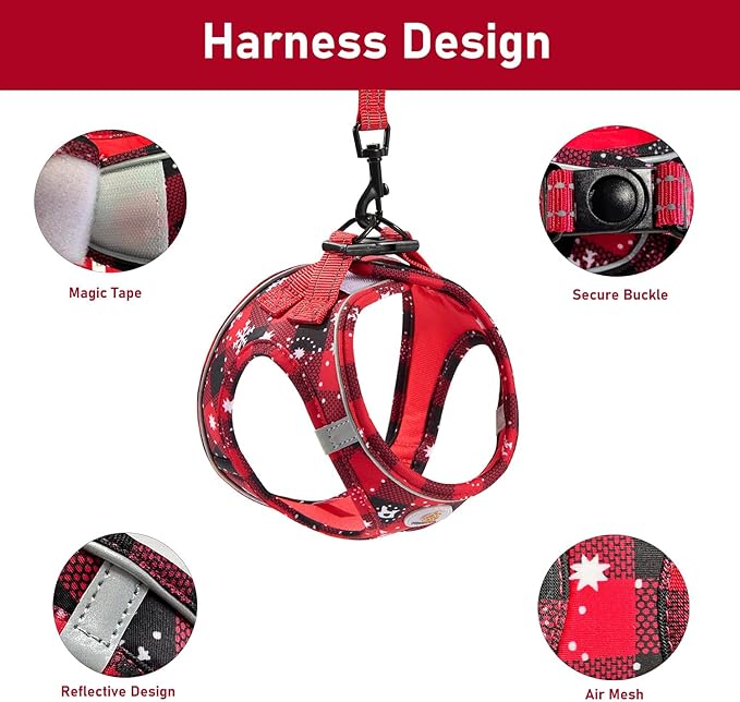 Hipubby Christmas Dog Harness and Leash Set, No Pull Soft Mesh Puppy Harness for Small Medium Dogs, Cats - Step in Reflective Vest Harness for Walking, Training - Christmas Red, S