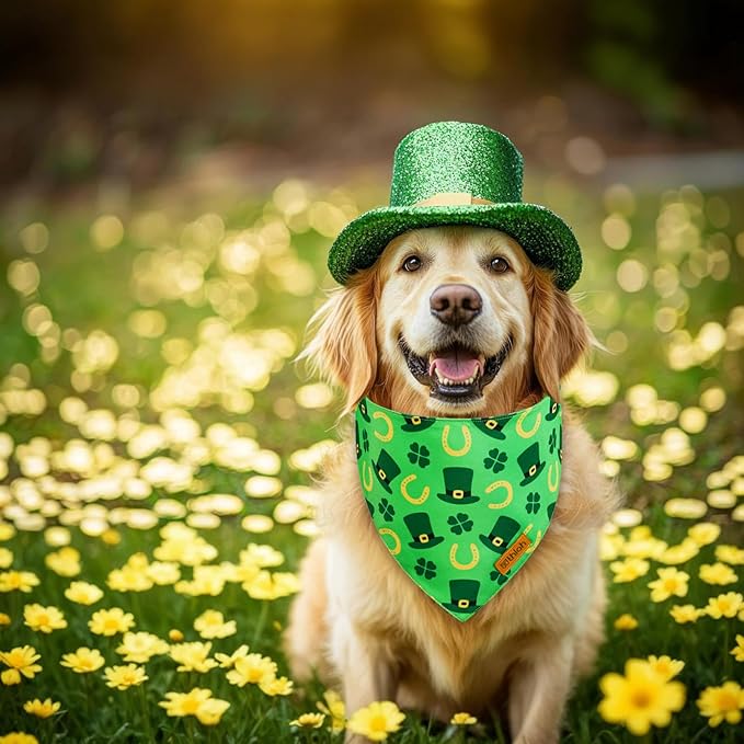 St. Patrick's Day Dog Bandanas with Snap Button, 2 Pack Reversible Shamrock Dog Scarf for Boy & Girl, Durable Fabric, Gift for Dogs, Holiday Bandana for Large and Extra Large Dogs (X-Large)
