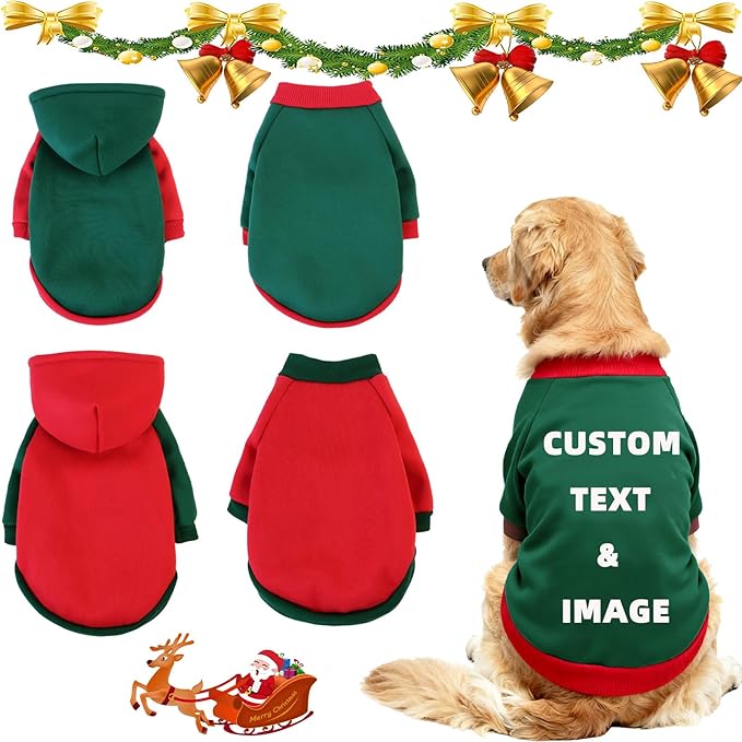 Custom Dog Hoodie, Personalized Sweatshirt with Photo Text Name Logo, Customized Hooded Sweater for Small Medium Large Dogs & Cats (Green + Red Sleeves, Small)