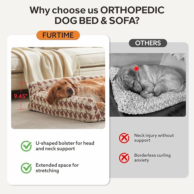 FURTIME Orthopedic Dog Beds Large Sized Dog, XXL Washable Memory Foam Pet Couch Bed with Removable Washable Cover, Non-Slip Bottom with Bolster Sides, Brown