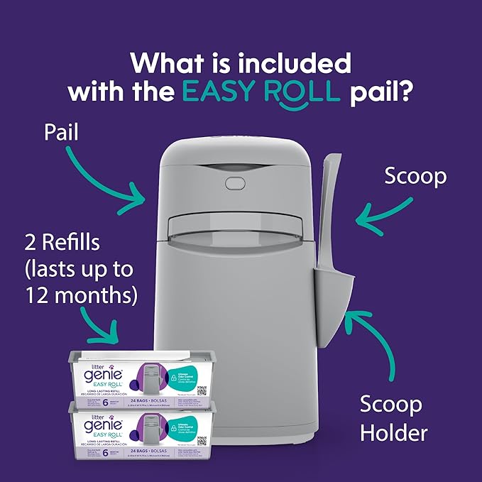 Bundle of Litter Genie Easy Roll Pail | Cat Litter Box Waste Disposal System for Odor Control with 1 Starter Refill (24 Bags) + Litter Genie Easy Roll Refill (24 Bags)