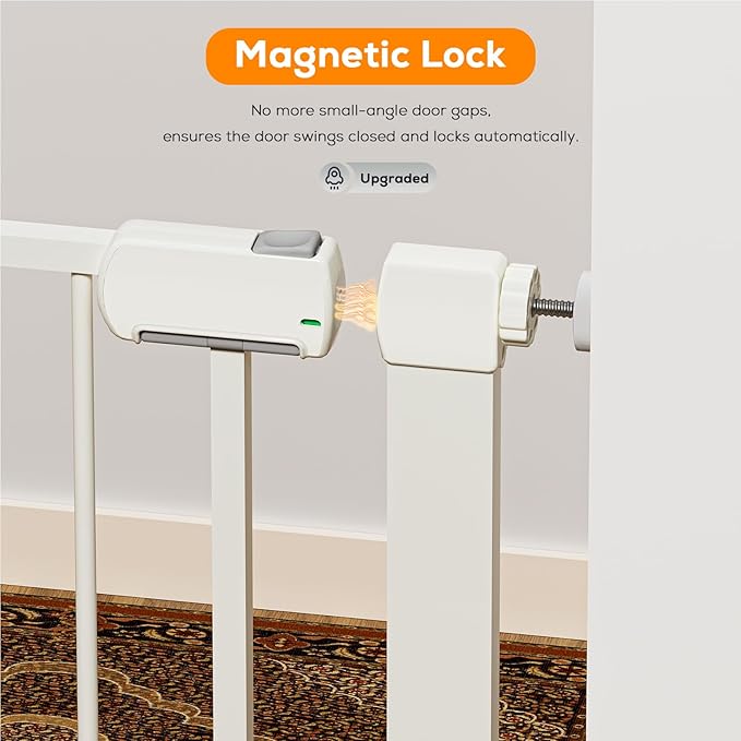 29.5-54.2" Magnetic Baby Gate for Stairs, Baby Safety Essentials, Auto Close Gate for Doorways, Easy Install Pressure Mounted Dog Gate Indoor, Pet Gates for Dogs, White