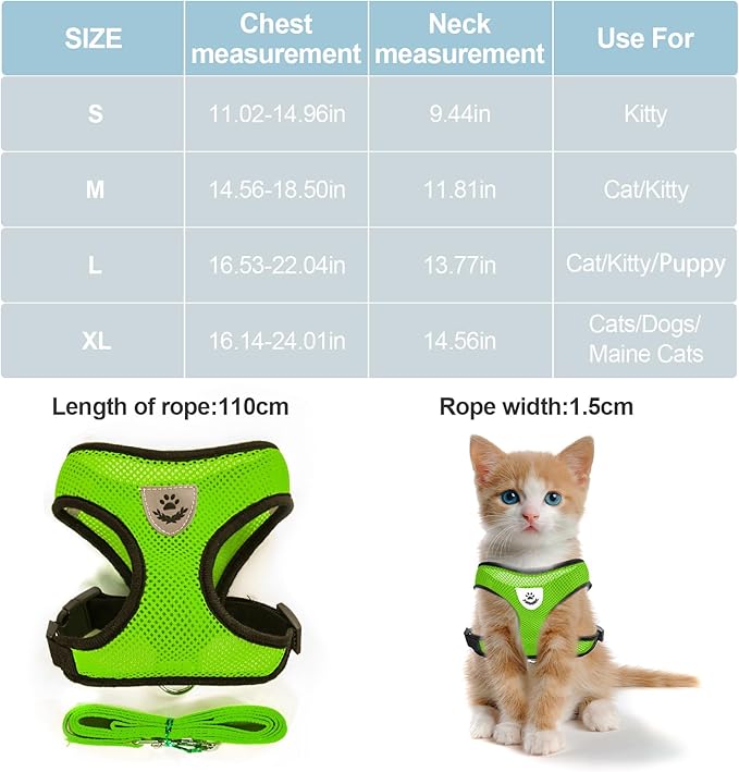 shudyear Summer cat Chest Harness and Leash, Anti-Escape Adjustable Soft mesh cat Leash and Chest Harness Set for All Types of Cats cat Vests (Size XL,Green)