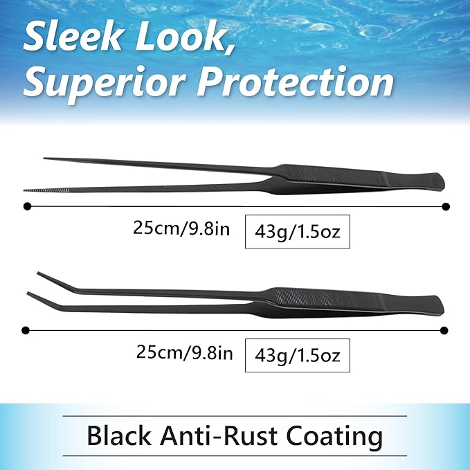 Long Tweezers for Aquascaping, 2 Pack 25cm / 9.8in Fine Tip 1mm – Tools for Aquarium Plants, Terrariums, Fish Tank & Reptile Feeding