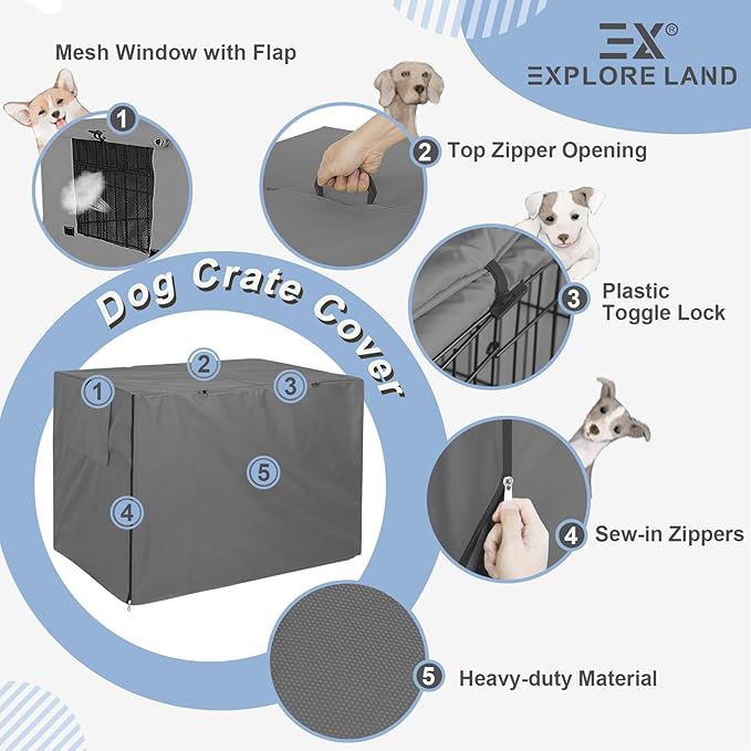 Explore Land Dog Crate Cover Heavy Duty Polyester Pet Kennel Sunshade Universal Fit for 36 inches Wire Cage (Grey)