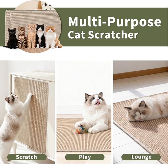Cat Scratcher Mat, 39.3"x 23.6" Natural Sisal Cat Scratch Mat with Velcro Tape, Scratching Rug Pad for Indoor Cats, Furniture Protector, Floor Carpet, Wall Pad, L, Beige