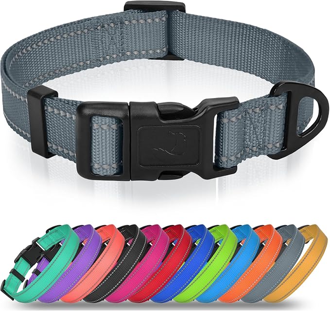 Joytale Large Dog Collar, Reflective and Adjustable Nylon Pet Collar with Quick-Release Buckle for Large Dogs, Gray, L