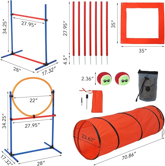 Garvee Dog Agile Training Equipment Set Outdoor Indoor,70" Tunnel + Tire Jump + Hurdle Jump, Weave Poles, Pause Box, 2 Toy Balls, 1 Whistle, Carry Bag, Premium Dog Obstacle Course Kit