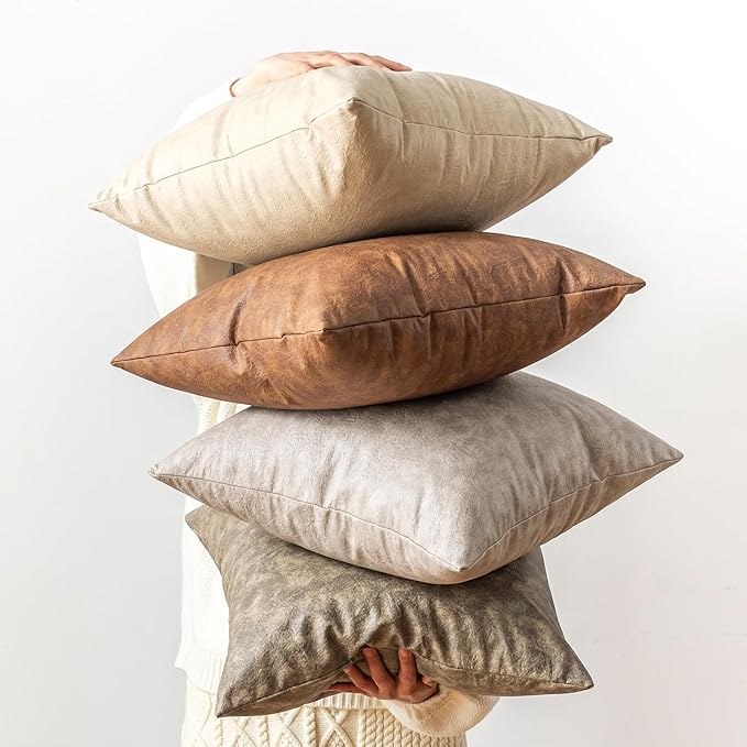 Pack of 4 Oversized Faux Leather Neutral Decorative Throw Pillow Covers 26x26 inch, Soft Modern Boho Luxury Waterproof Floor Cushion Cases, for Outdoor Lounge Sofa Couch Bed Home Decor