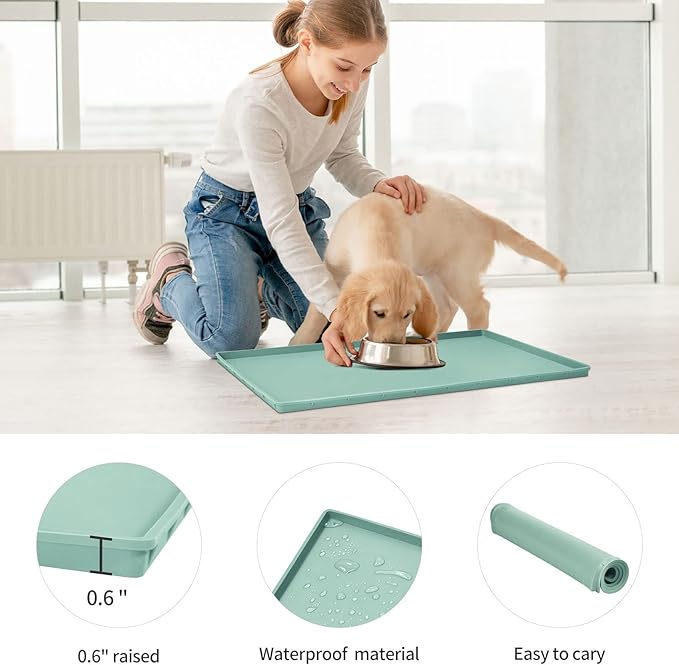 Dog Food Mat,Silicone Waterproof Food Tray,Non Slip Pet Bowl Mats Placemat,0.6" Raised Edge,Suitable for Most Small and Medium Sized Pets,24" x 16"