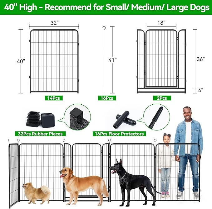 Dog Playpen Outdoor Extra Wide 16 Piece Panels Heavy Duty Dog Fence 40" Height Anti-Rust with Doors Portable for RV Camping Yard, Total 42FT, 140 Sq.ft, Snowy Black