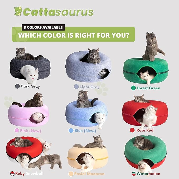 Cattasaurus Peekaboo Cat Cave Donut for Multiple & Large Cats up to 30-45 lbs, 3-in-1 Self Warming Cat Bed, Tunnel & Scratcher for Indoor Cats, Washable & Detachable Small Dog Bed (Pink, Large)