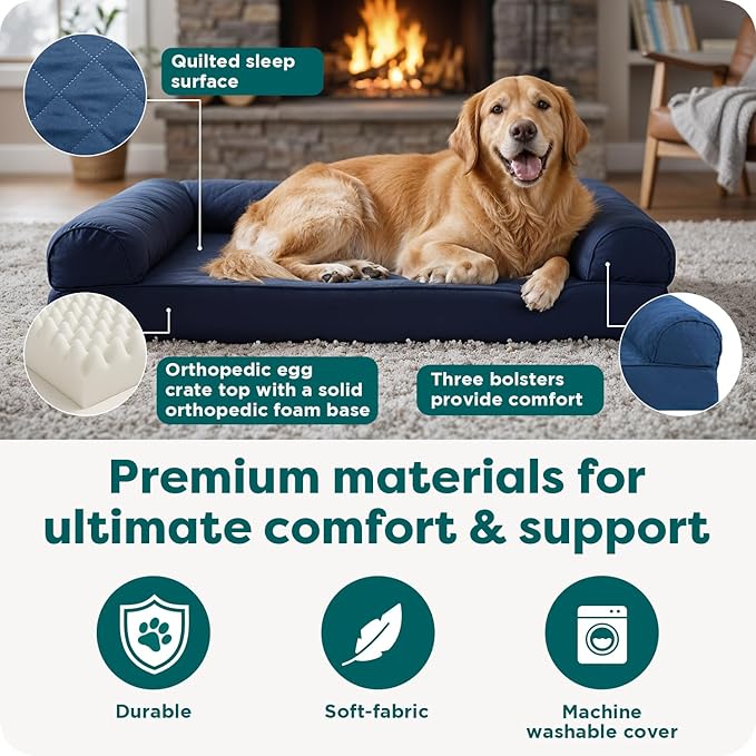 FurHaven Classic Sofa Orthopedic Dog Bed for Large Dogs with Egg Crate with a Solid Orthopedic Foam Base for Joint Support, Removable Washable Cover, Large, Quilted Sofa, Navy (Blue)